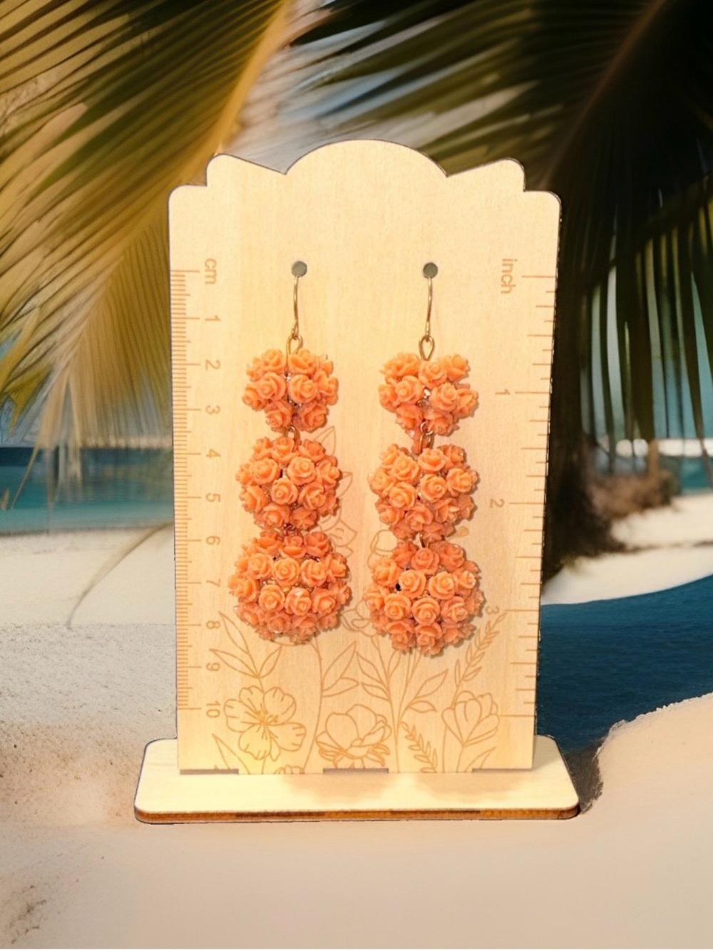 Peach Resin Rose Tiered Drop Earrings Coral Floral Statement Dangles 3.25"